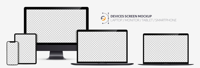 Wall Mural - realistic devices screen mockup. smartphone, tablet, laptop and display monitor, black color with bl