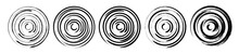 Set Abstract Spiral Circle Geometric Shape. Grunge Swirl Concentric Round Background. Vortex Pattern. Flat Brush Line Design Element. Vector Illustration.