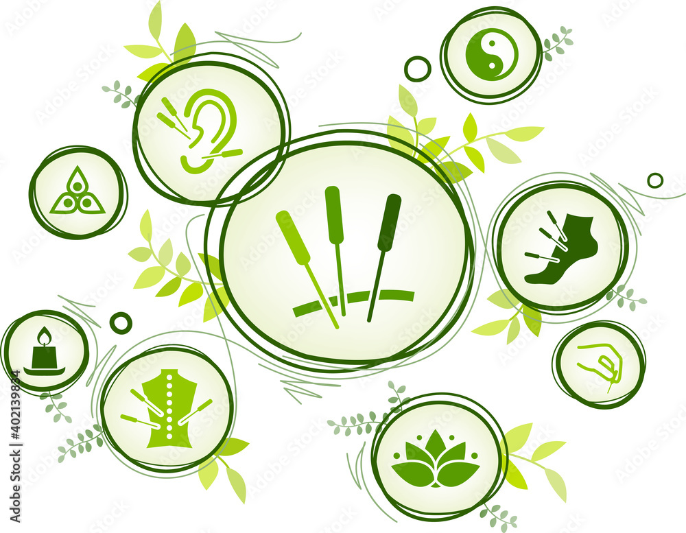 acupuncture vector illustration. Green concept with icons related to traditional Chinese medicine, acupuncture treatment, nature, healing and harmony. - obrazy, fototapety, plakaty 