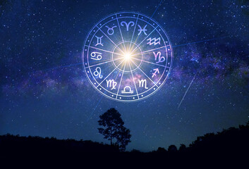 zodiac signs inside of horoscope circle. astrology in the sky with many stars and moons astrology an