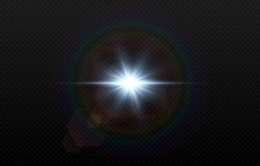 Vector blue light with lens flares. Sun, sun rays, dawn, glare from the sun png. Explosion of blue light. Blue flare png, glare from flare png.