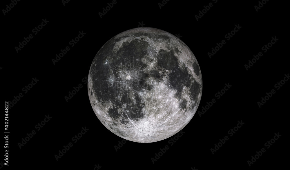 Full moon isolated on black space. Bright lunar moonlight satelite. Close up craters on moon.  - obrazy, fototapety, plakaty 