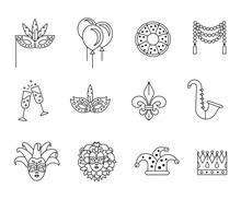 Mardi Gras, Christian Event With Masquerade - Set Of Outline Icons. Tradition Symbols Of Fat Tuesday. Venetian Masks, Beads Garland, The King Cake. For Greeting Card, Invitation, Banner, App
