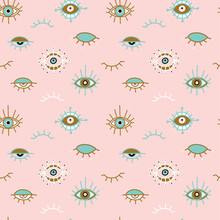 Evil Eye Pastel Vector Isolated Doodle Seamless Pattern. Magic, Witchcraft, Occult Symbol, Clip Art Line Art Collection. Hamsa Eye, Magical Eye, Decor Element. Pink, Green, Golden Eyes. Fabric Textile