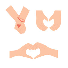 Two hands making heart sign. Holding Hands with Heart isolated on white background. Valentine's day vector illustration in flat cartoon style. Love, romantic relationship concept. Set of elements.