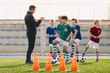 © matimix - Group of young boys on football training. Kids practicing soccer on grass field. Young man as a soccer coach explaing to players training rules. Children exercising with soccer balls