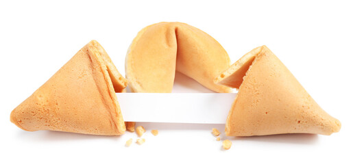 Traditional fortune cookies with prediction on white background