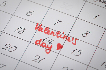 Calendar page with marked Valentine's Day, closeup