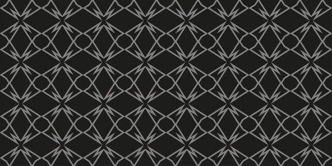 Gray geometric ornament on a black background. Monochrome pattern. Seamless wallpaper texture. Vector illustration for design. 