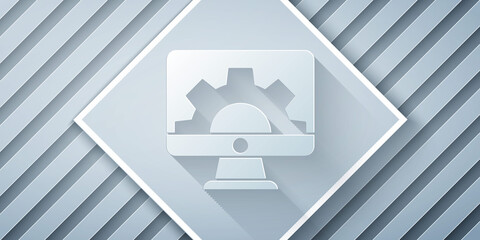 Paper cut Software, web development, programming concept icon isolated on grey background. Programming language and program code on screen monitor. Paper art style. Vector.