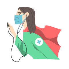 Wall Mural - Doctor Superhero Wearing Medical Mask and Cape with Stethoscope, Professional Doctor Fighting Against Viruses, Healthcare Concept Cartoon Style Vector Illustration