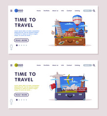 Sticker - Travel or Tourism Website Landing Page with Open Luggage Bag and Journey Attributes Vector Template Set