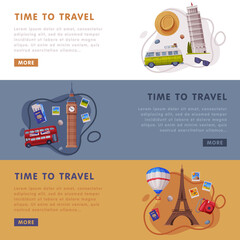 Sticker - Travel or Tourism Website Landing Page with City Landmarks and Journey Attribute Vector Template Set