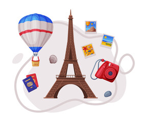 Poster - Travel and Tourism Attribute with Eiffel Tower as City Landmark and Camera Vector Composition