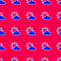 Blue Sun and cloud weather icon isolated seamless pattern on red background. Vector.