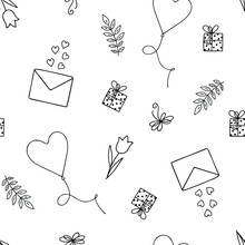 Love Outline Elements Seamless Pattern Hand Drawn In Doodle Style, Simple Black White Pictures For St Valentine Holiday Decor, Banners, Cards, Wedding Invitations, Vector Illustration