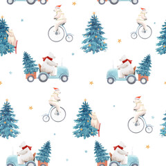 beautiful vector christmas seamless pattern with hand drawn watercolor cute polar bear illustrations