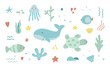 Save the ocean hand drawn sea life elements. Unique marine life objects. Collection of ecology stickers. Sea fauna with whale, shell, turtle, corals. Doodle underwater seascape. Vector Illustration