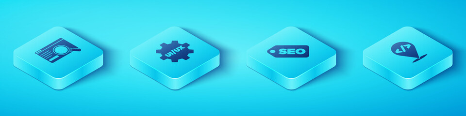 Set Isometric UI or UX design, , Front end development and SEO optimization icon. Vector.