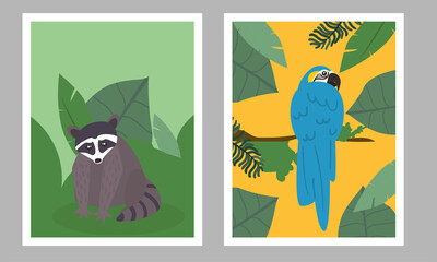 Canvas Print - raccoon and macaw bird in landscape frames vector design