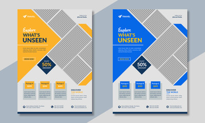 Wall Mural - travel company business promotion flyer template in blue & orange color. travelling poster with tour
