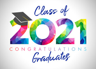 Class of 2021 year graduation banner, awards concept. Class off holiday colour invitation card. 3D digits 20, 21. Isolated abstract graphic design template. Brush stroke calligraphy. White background.