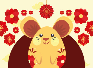 Canvas Print - Chinese new year 2021 mouse with red flowers and fortune hanger vector design