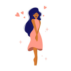 Wall Mural - Cute shy girl with closed eyes long hair hugs herself. Selfcare vector illustration. Female happiness. Body positive, self care, love yourself. Happy woman in pink dress. Valentines Women day postcard