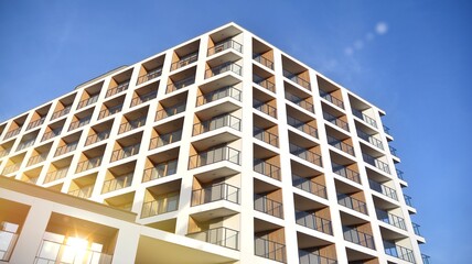 Apartment residential house and home facade architecture and outdoor facilities. Blue sky on the background. Sunlight