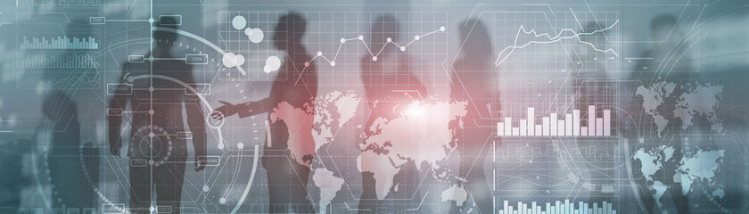 Financial dashboard with business intelligence. Background silhouettes and city.