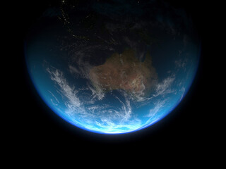 Wall Mural - earth view from space from the side of australia, asia and pacific detailed relief with clouds and a
