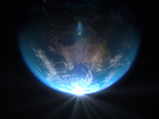 Wall Mural - earth view with glow of sunrise from space from the side of australia, asia and pacific detailed rel