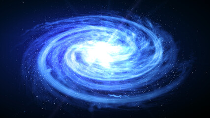 a blue spiral galaxy andromeda with a field of stars and a core bright star with lots of rays soarin