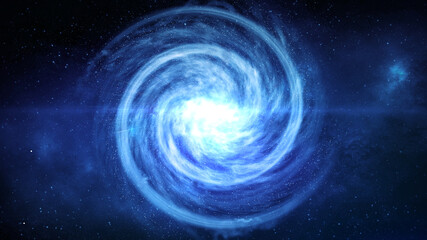  A blue spiral galaxy andromeda top view with a field of stars and a core bright star with lots of rays soaring in the infinite cosmos space