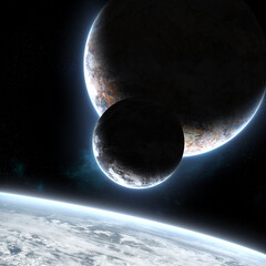 Wall Mural - two planets orbiting each other in deep space cosmos web with bright atmosphere with andromeda galax