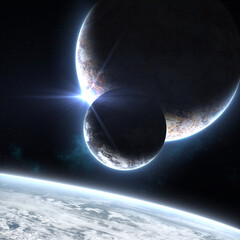 Wall Mural - two planets orbiting each other in deep space cosmos web with bright atmosphere and glow with androm