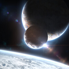 Wall Mural - planets orbiting each other in deep space cosmos web with bright atmosphere and glow with andromeda 