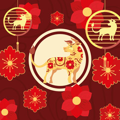 Poster - Chinese new year 2021 bull with red flowers vector design