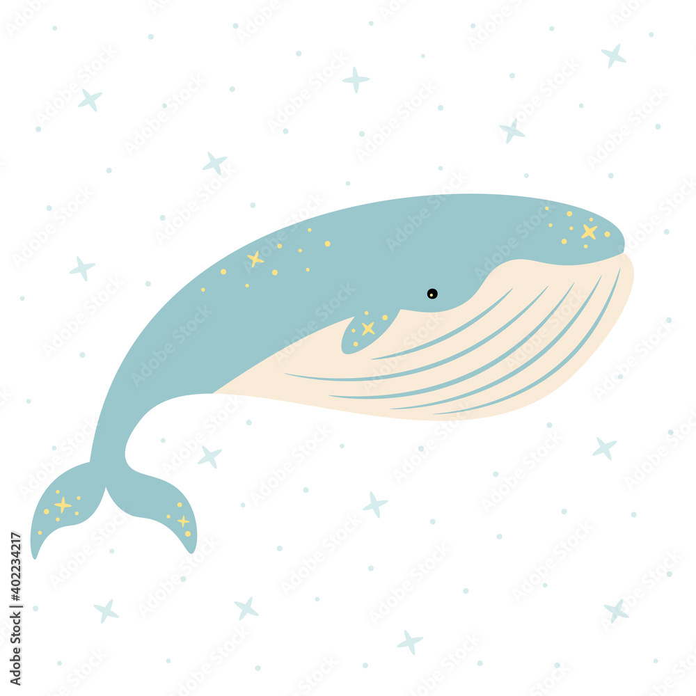 Vector kids dreamy illustration of a whale with stars in tender colors ...