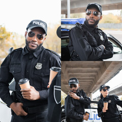 Wall Mural - collage of african american policeman with paper cup looking at camera, leaning on patrol car and talking on radio set on blurred background.