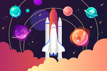 Wall Mural - space shuttle and solar system. colorful planets, rocket, galaxy and universe. space cartoon childre