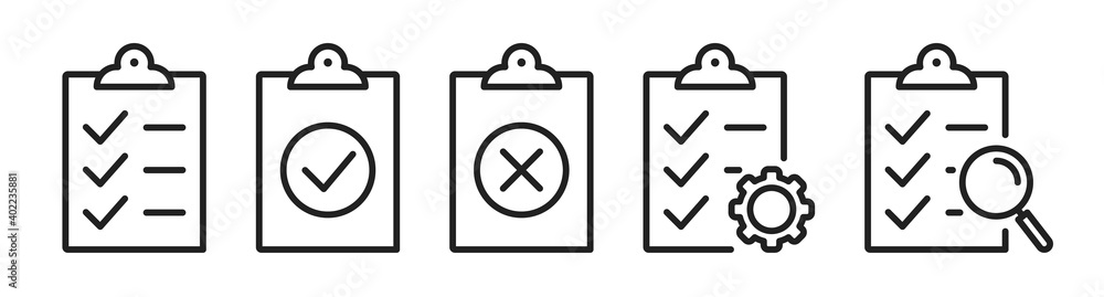 Checklist on the clipboard line icon set with compliance tick check sign on it. Clip board outline vector icon with paper test document or todo plan with tasks. Checkbox form and survey checklist SET1 - obrazy, fototapety, plakaty 