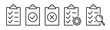 Checklist on the clipboard line icon set with compliance tick check sign on it. Clip board outline vector icon with paper test document or todo plan with tasks. Checkbox form and survey checklist SET1