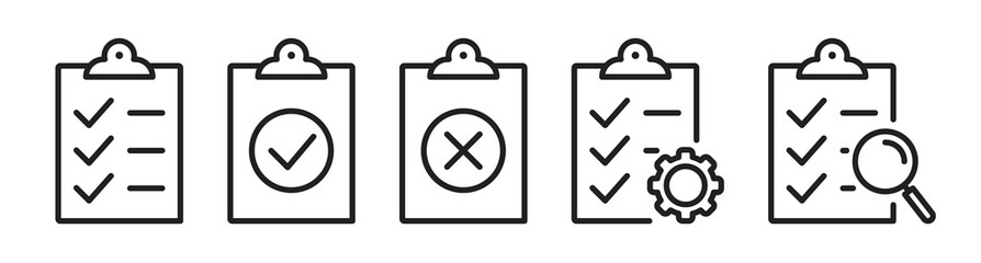 checklist on the clipboard line icon set with compliance tick check sign on it. clip board outline v