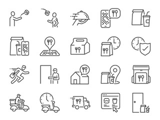 Food delivery line icon set. Included the icons as Courier, Food Box, Mobile app, Messenger, and more.
