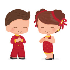 cute young couple in red Chinese new year traditional dress isolated on white background