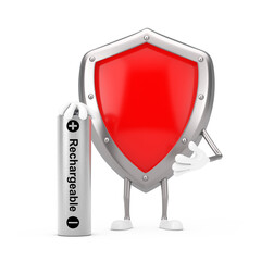 Poster - Red Metal Protection Shield Character Mascot with Rechargeable Battery. 3d Rendering