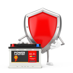 Aufkleber - Red Metal Protection Shield Character Mascot and Rechargeable Car Battery 12V Accumulator with Abstract Label. 3d Rendering