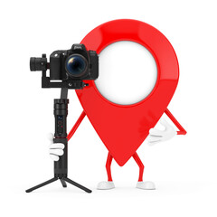 Leinwandbilder - Map Pointer Pin Character Mascot with DSLR or Video Camera Gimbal Stabilization Tripod System. 3d Rendering