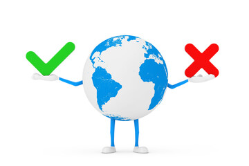 Aufkleber - Earth Globe Character Mascot with Red Cross and Green Check Mark, Confirm or Deny, Yes or No Icon Sign. 3d Rendering